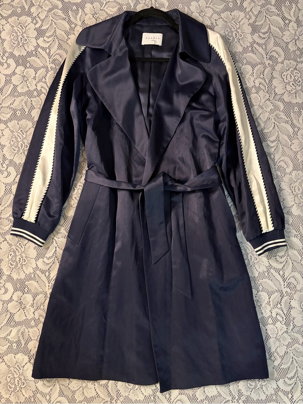 SANDRO Paris Sporty Navy Linen-Cotton Blend Belted Trench Coat / Duster Jacket